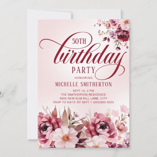 Chic Pink Burgundy Floral Glam 50th Birthday Kaart (Voorkant)
