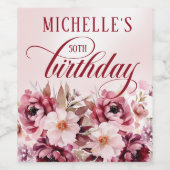 Chic Pink Burgundy Floral Glam 50th Birthday Wijn Etiket (Enkel label)