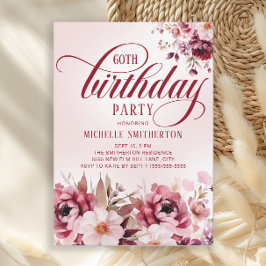 Chic Pink Burgundy Floral Glam 60th Birthday Kaart