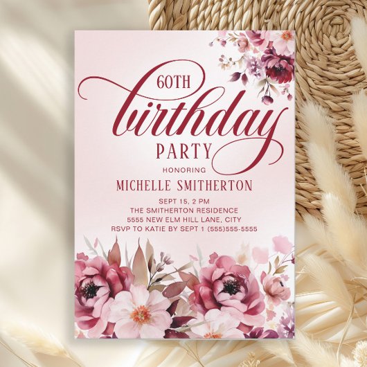 Chic Pink Burgundy Floral Glam 60th Birthday Kaart