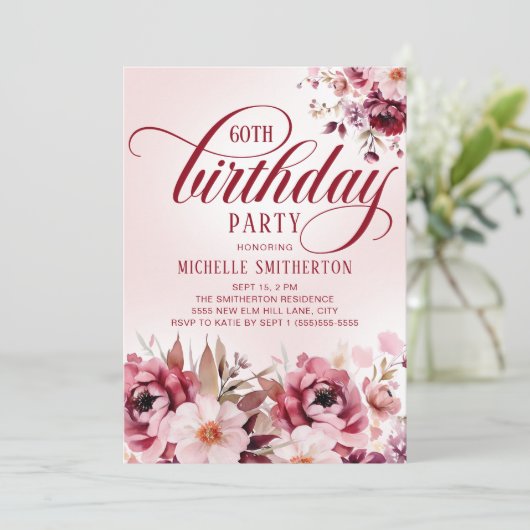 Chic Pink Burgundy Floral Glam 60th Birthday Kaart (Staand voorkant)