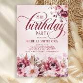 Chic Pink Burgundy Floral Glam 75th Birthday Kaart