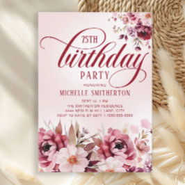 Chic Pink Burgundy Floral Glam 75th Birthday Kaart