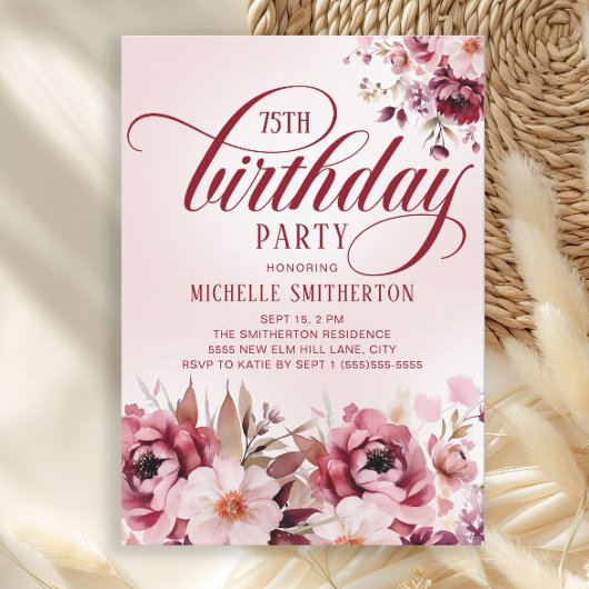 Chic Pink Burgundy Floral Glam 75th Birthday Kaart