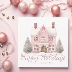 Chic Pink Christmas House Trendy Nieuw Home Adres Feestdagenkaart