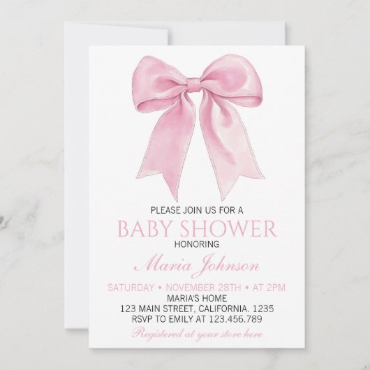 Chic Pink Coquette Bow Baby shower Kaart (Voorkant)