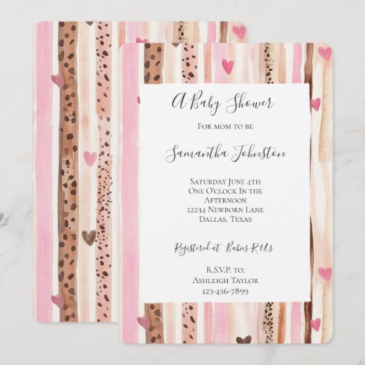 Chic Pink Cream Leopard Animal Stripes Baby shower Kaart (Voorkant / Achterkant)