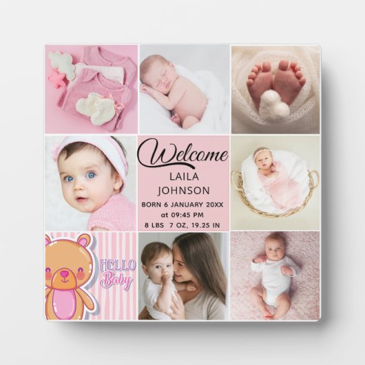 Chic Pink Custom name and baby girl photo collage Fotoplaat (Voorkant)
