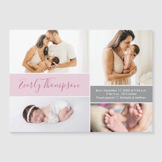 Chic Pink Custom name and baby girl photo collage  Magnetische Uitnodiging (Voorkant)