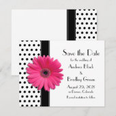Chic Pink Daisy Flower Black en White Polka Dot Save The Date (Voorkant / Achterkant)