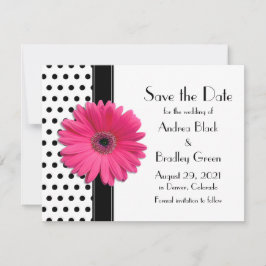 Chic Pink Daisy Flower Black en White Polka Dot Save The Date