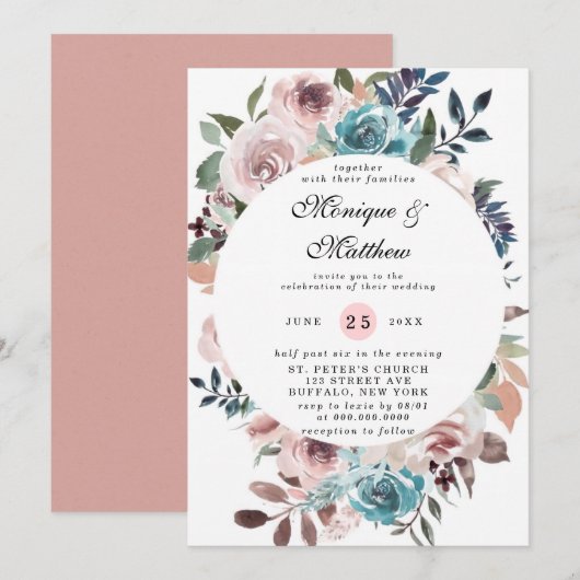 Chic Pink en Blauwgroen Waterverf Peony Wedding In Kaart (Voorkant / Achterkant)