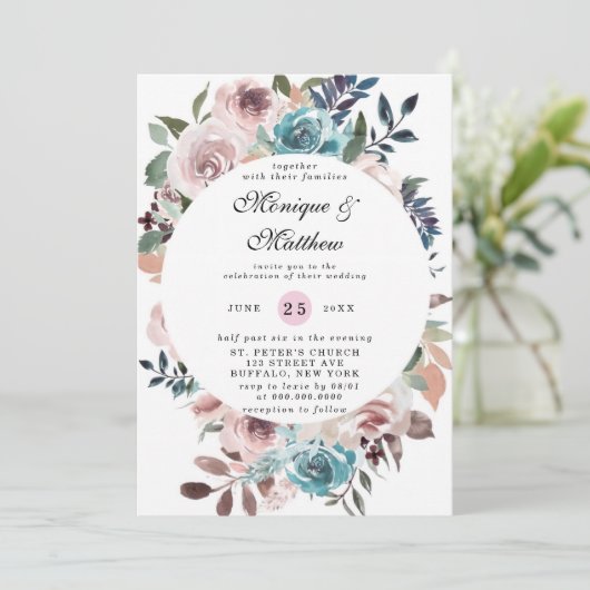 Chic Pink en Blauwgroen Waterverf Peony Wedding Kaart (Staand voorkant)