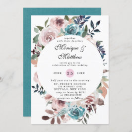 Chic Pink en Blauwgroen Waterverf Peony Wedding Kaart