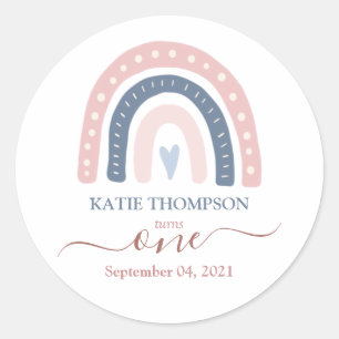 Chic Pink en Blue Rainbow Boho First Birthday Ronde Sticker