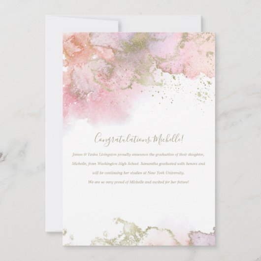 Chic Pink en Gold Abstract Art Afstuderen Aankondiging (Achterkant)