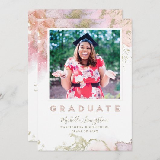 Chic Pink en Gold Abstract Art Afstuderen Aankondiging (Voorkant / Achterkant)