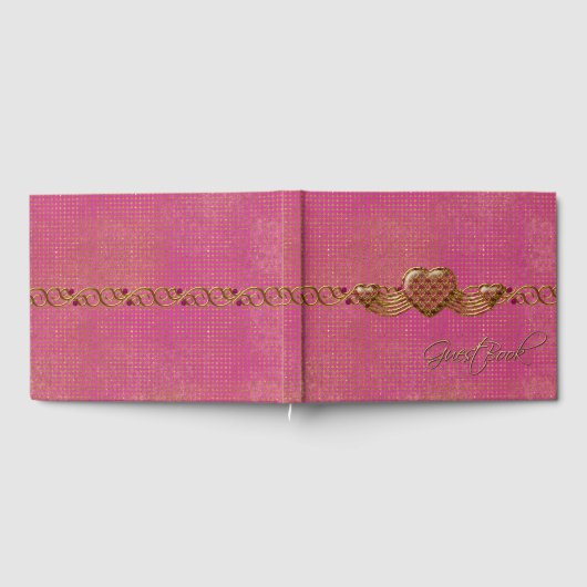 Chic Pink en Gold Hearts Wedding Guest Book Gastenboek (Volledig)