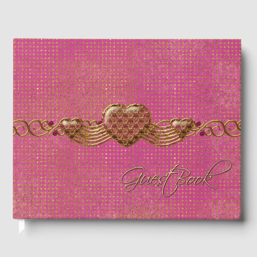 Chic Pink en Gold Hearts Wedding Guest Book Gastenboek (Voorkant)