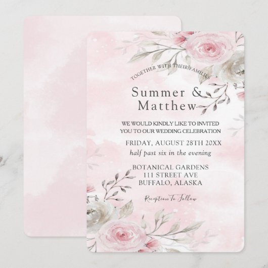 Chic Pink en Gray Waterverf Peony Rustic Wedding Kaart (Voorkant / Achterkant)