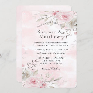 Chic Pink en Gray Waterverf Peony Rustic Wedding Kaart