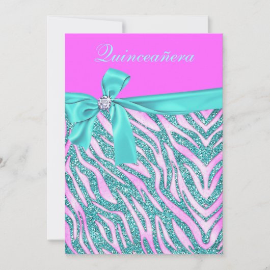 Chic Pink Fake Glitter Zebra Quinceanera Party Kaart (Voorkant)