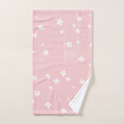 Chic Pink Farmhouse Sweet Daisies Girly Monogram Bad Handdoek (Handdoek)