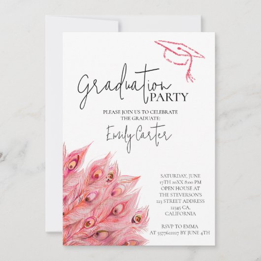 Chic Pink Feather Graduation Party Kaart (Voorkant)