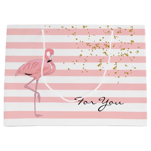 Chic Pink Flamingo and Stripes Gift Bag Large Cadeautasje (Voorkant)