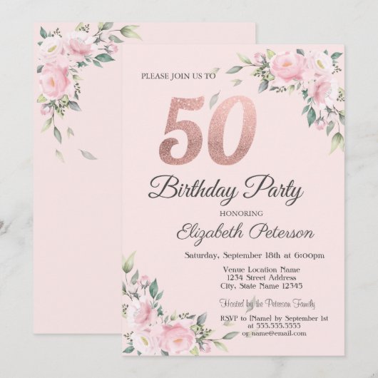 Chic Pink Floral 50e verjaardag Kaart (Voorkant / Achterkant)