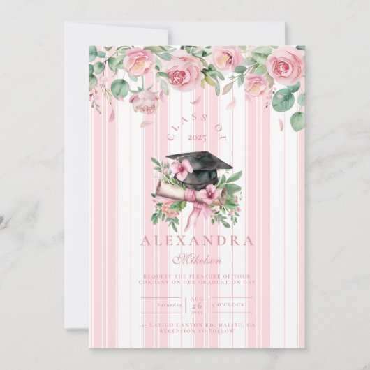 Chic Pink Floral Afstuderen Kaart (Voorkant)