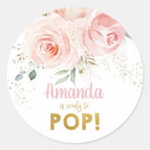 Chic Pink Floral Baby shower Ze is klaar om te Pop Ronde Sticker