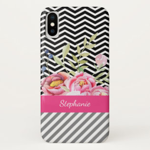 Chic Pink Floral Black en White Chevrons and Name iPhone X Hoesje