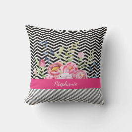 Chic Pink Floral Black en White Chevrons and Name Kussen
