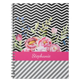 Chic Pink Floral Black en White Chevrons and Name Notitieboek