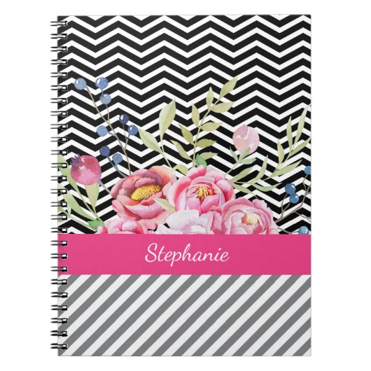 Chic Pink Floral Black en White Chevrons and Name Notitieboek (Voorkant)