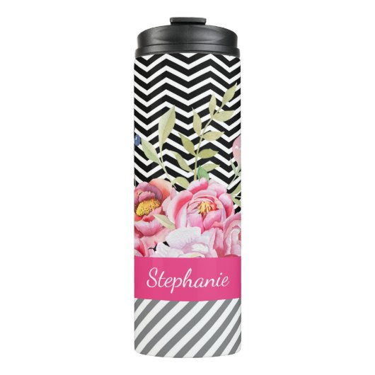 Chic Pink Floral Black en White Chevrons and Name Thermosbeker (Voorkant)