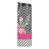 Chic Pink Floral Black en White Chevrons and Name Thermosbeker (Geroteerd rechts)