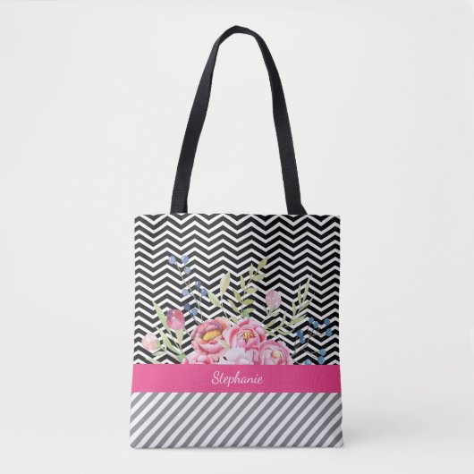 Chic Pink Floral Black en White Chevrons and Name Tote Bag (Voorkant)