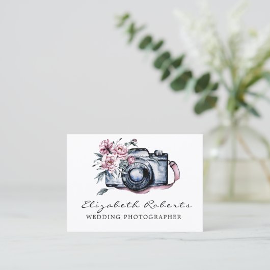 Chic Pink Floral Camera Weddenschap Fotograaf Visitekaartje (Staand voorkant)