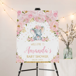 Chic Pink Floral Elephant Baby shower Welkom