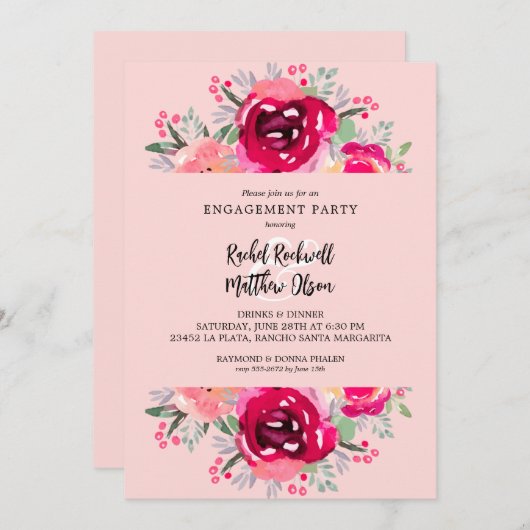 Chic Pink Floral Engagement Party Kaart (Voorkant / Achterkant)