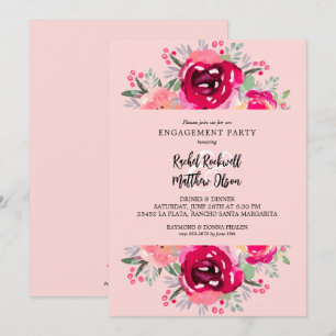 Chic Pink Floral Engagement Party Kaart
