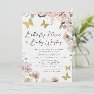 Chic Pink Floral Gold Butterfly Kisses Baby shower Kaart