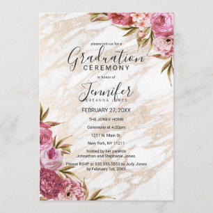 Chic Pink Floral Gold Marble Afstuderen Ceremony Kaart