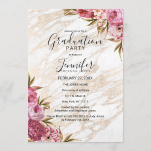 Chic Pink Floral Gold Marble Graduation Party Kaart