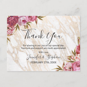Chic Pink Floral Gold Marble Hartelijk dank Briefkaart