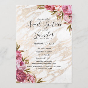 Chic Pink Floral Gold Marble Sweet 16 Kaart