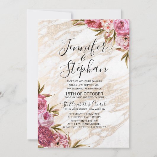 Chic Pink Floral Gold Marble Wedding Kaart (Voorkant)