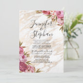 Chic Pink Floral Gold Marble Wedding Kaart (Staand voorkant)
